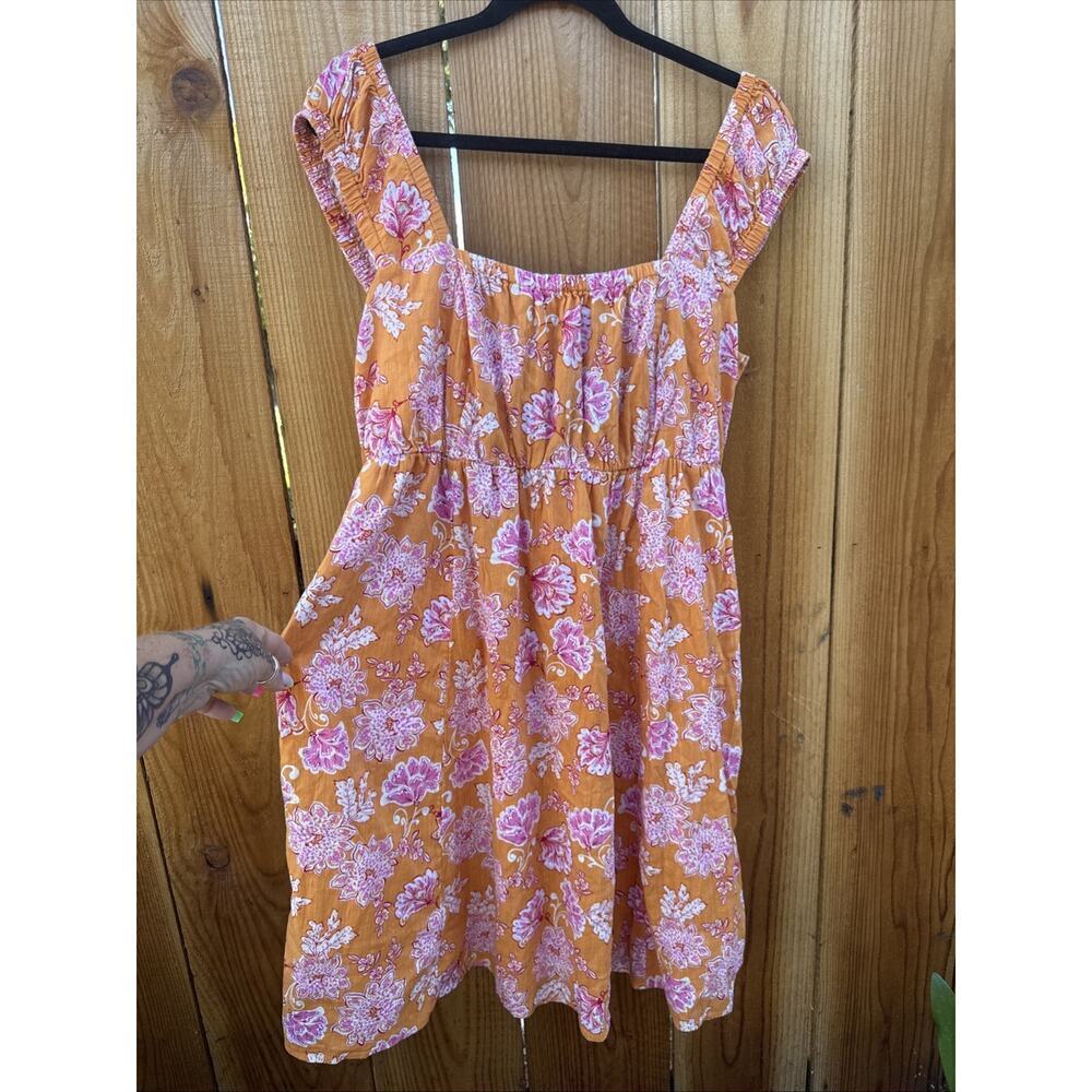 Old Navy Size L Tall Mini Dress Orange Pink Floral Tie in back flows lined
